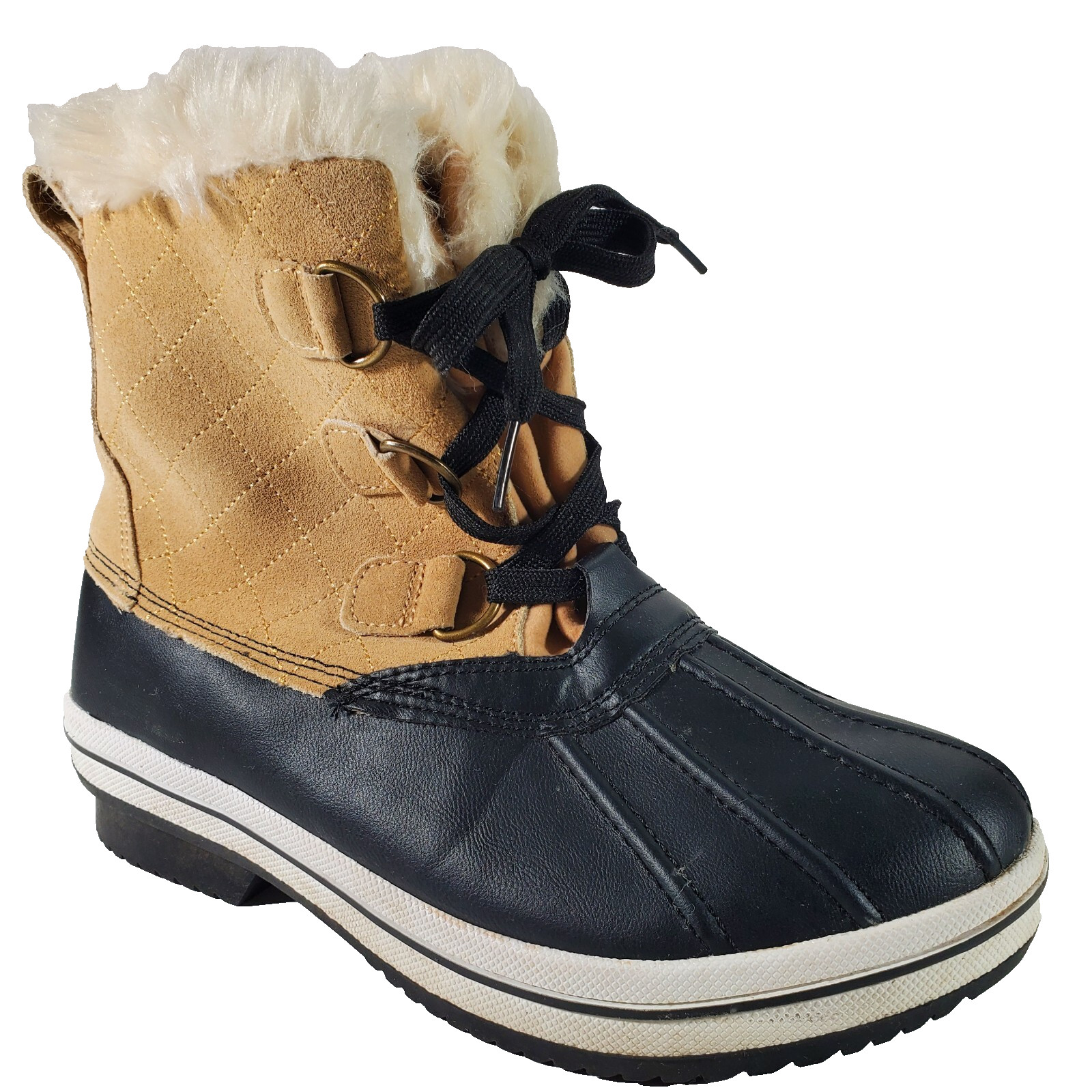 Snow Boots Womens Size 9 Rubber Lowers Leather Upper Lace-Up Black Tan Fur Lined-image