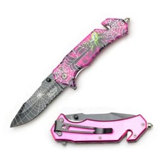 8" DARK FANTASY BLADES SPIDER WEB GRAPHIC SPRING ASSISTED FOLDING KNIFE PINK