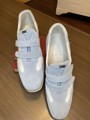 Mocasines Beltrami de cuero con gancho y bucle para mujer 7,5-38,5 Italia azul blanco dinero nuevos - Imagen 3 de 12