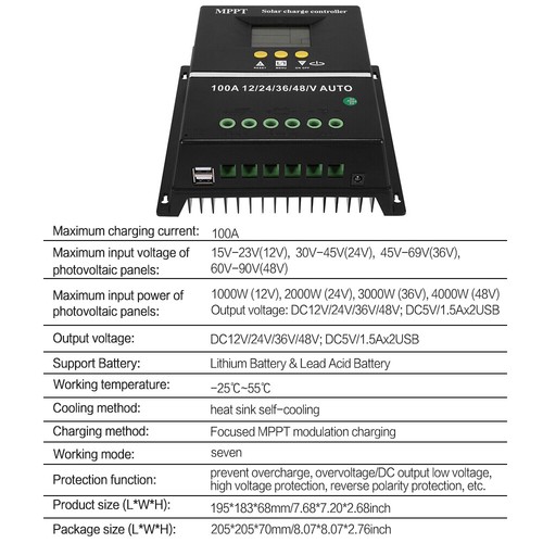 100A Solar Panel Charge Controller 12V 24V 36V 48V Regulator Auto Dual USB Mppt - Picture 9 of 12