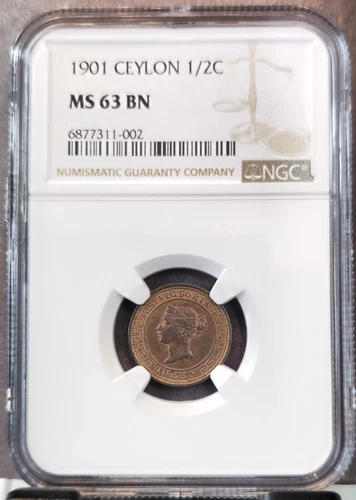 1901 CEYLON 1/2 CENT QUEEN VICTORIA NGC MS 63 BN BEAUTIFUL COIN