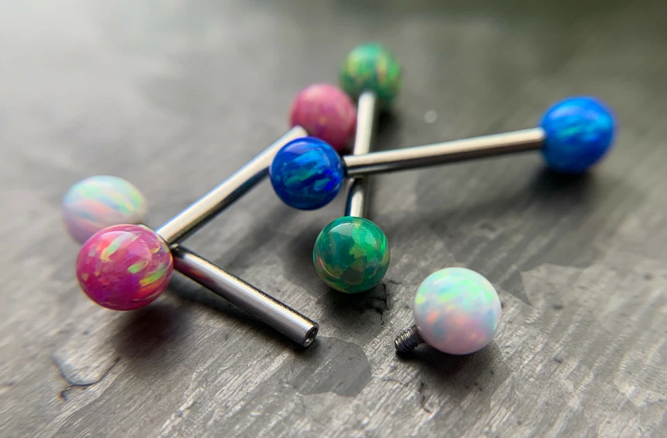 PAIR Internally Threaded 5mm Opal Balls Nipple Rings 9/16" Steel Barbells - Image 2 of 4