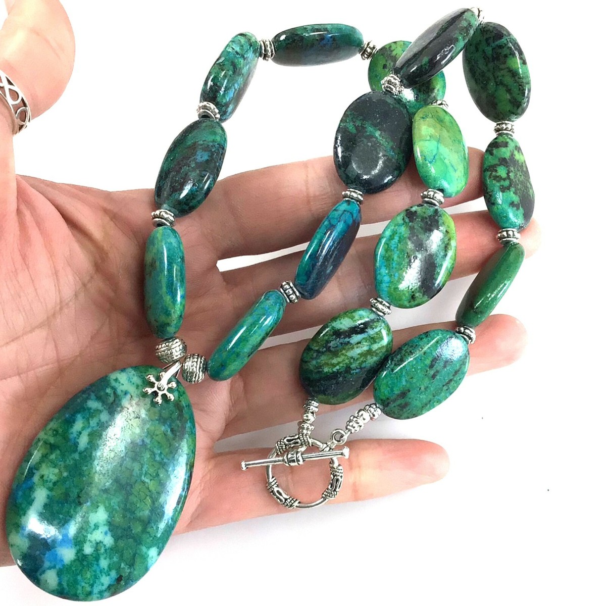 Gemstone Blue/Green Chrysocolla Large Pendant Toggle Necklace 18