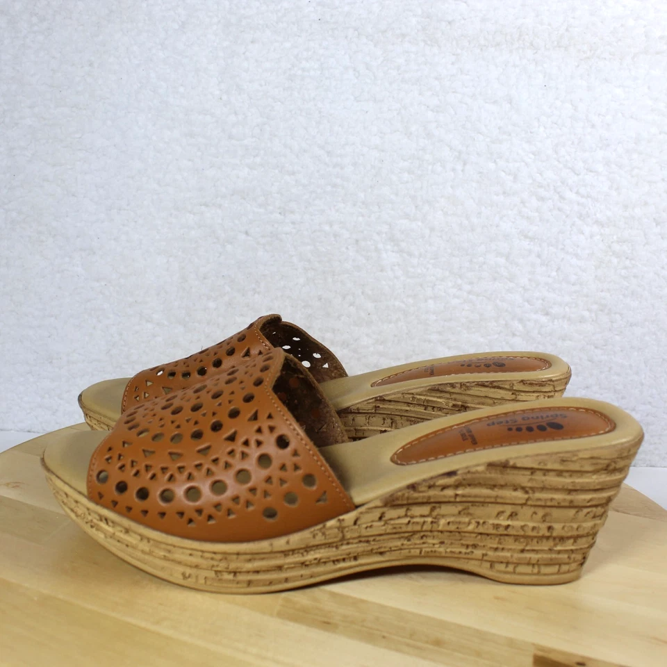 Spring Step Wedge Sandal 41 Women 9.5 Brown Leather Cutout Slip On Comfort Italy - Image 2 of 4