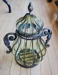 Vintage  Home Decor    GLASS & METAL Vase Jar With Lid     Pre-Owned