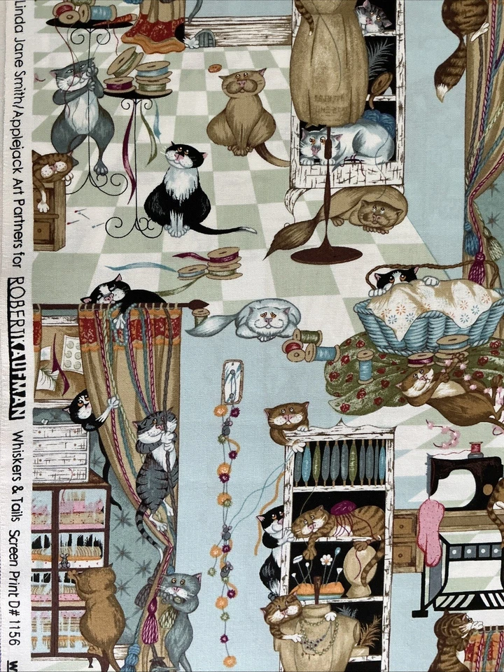 Whiskers & Tails Linda Smith Kaufman Fabric Havoc In Sewing Room 2 Yds -1”  Cats - Image 2 of 3
