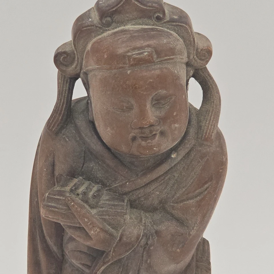 Hermosa antigua estatua china de madera frutal antigua de salvia - principios y mediados del siglo XX Foto 2 de 4