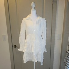 lineanddot White Linen Collared Button Shirt Dress Long Sleeve Ruffle Short M