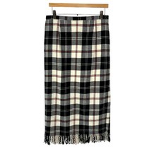Vintage 90s Black White Red Plaid Fringe Straight Midi Wool Blend Skirt Medium