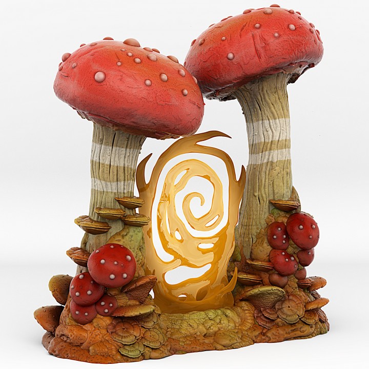 Décor sous-bois avec portail champignons pour masquer les lignes de vue de jeu