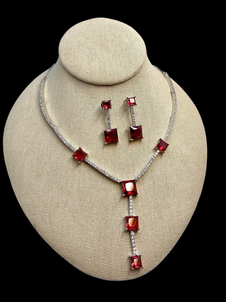 Рубиновый красный родия покрытием дизайнер ожерелье комплект женщин свадьбы / вечеринки помолвки - Изображение 2 из 2