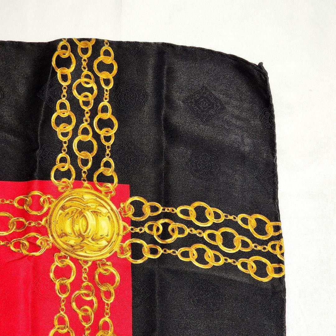 CHANEL Black Red Scarf Square Chain Medal Coco Mark Silk | eBay