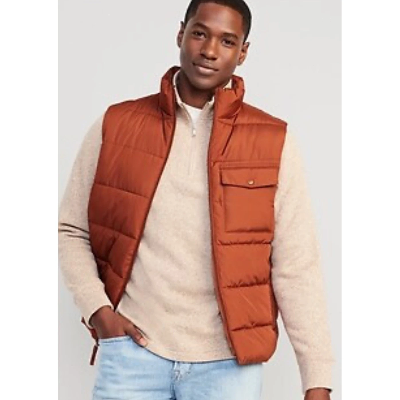 Old Navy Puffer Vest Rust Orange Quilted Full Zip Collar Pocket Mens Small