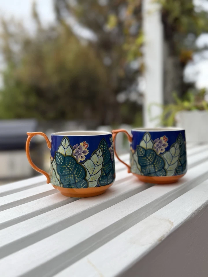 Anthropologie Coffee Mug: Orange with Dogs and Flowers 16 oz Ceramic Cup - Image 2 of 4