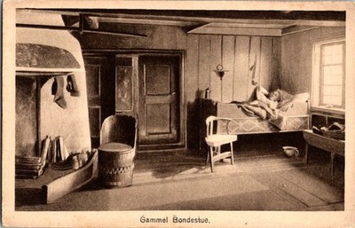 Vintage Norwegian Gammel Bondestue Interior Postcard by Paul E. Ritter