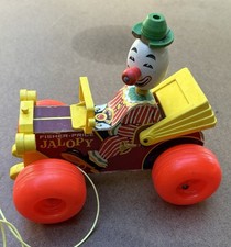 Vtg 1965 Fisher Price Jolly Jalopy Clown Drive Wooden Pull Toy Clicks