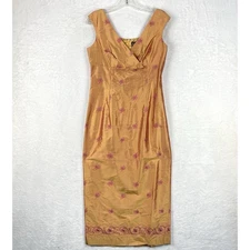 Finity Women 6 90s Orange Pink Silk Empire Waist Embroidered Midi Dress Boho Y2k