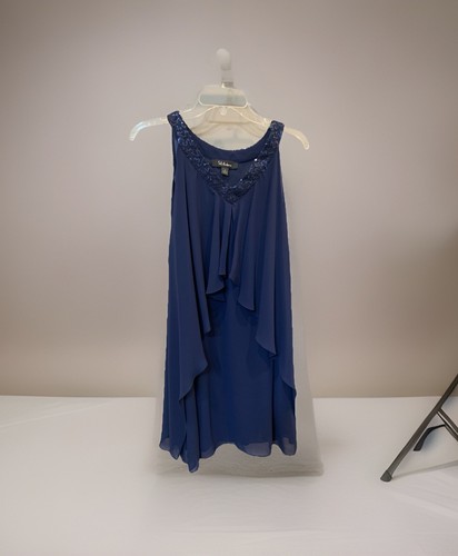 NEW Chiffon Overlay Sleeveless Sequins V Neck Navy Blue Dress S.L. Fashions Sz 8