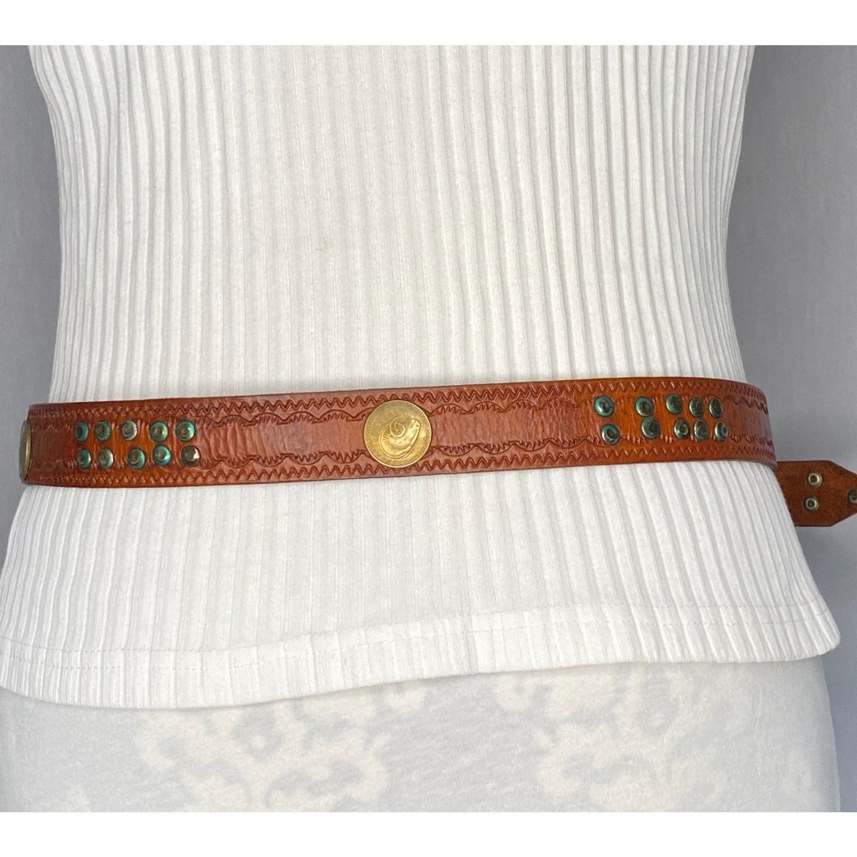 Tooled Leather Belt Metal Studs & Ram Head Coins Adjusts 28 