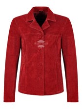 Woman’s Real Red Suede Leather Classic Blazer Style Box Buttons Jacket Jennifer