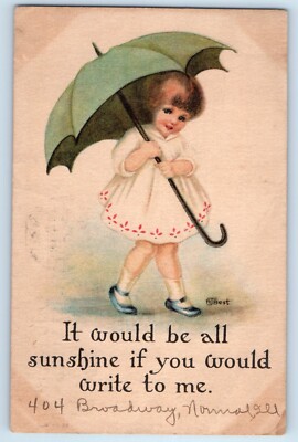 1917 Little Girl With Umbrella It Would Be All Sunshine RJBest Signed Postcard