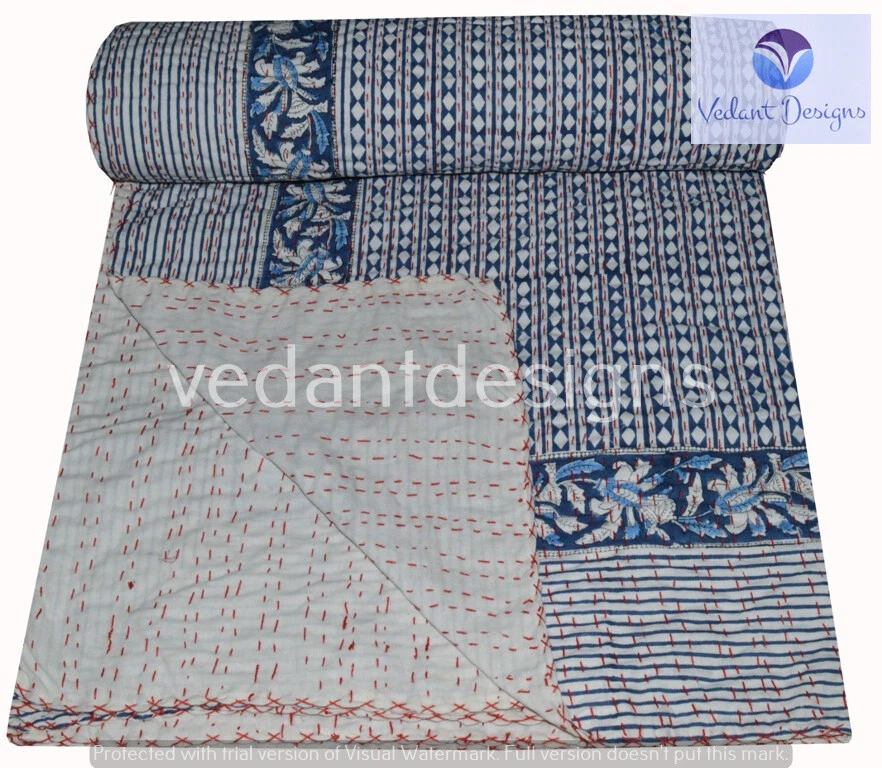 Edredón reversible de lunares hecho a mano Kantha Queen arte indio Foto 2 de 4