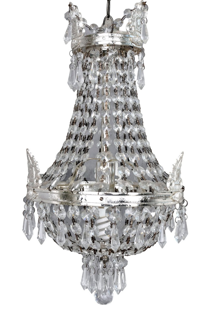 Lustre Plafonnier Antique Pampilles Cristal Laiton Massif Argenté - Palazzo Int