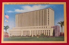 40's Linen Postcard New Post Office & Federal Building Los Angeles CA-Pristine