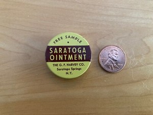 Vintage Saratoga Ointment Tin Can Free Sample Medical Advertising GF Harvey Co.
