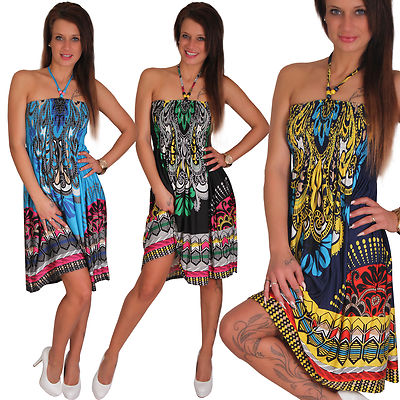 Kleid Strandkleid Holz-Perlen Damen Aztek Ethno Sommer Bandeau 34 36 38 40