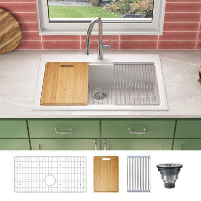 36'' Single Bowl Fireclay Drop in Workstation Kitchen Sink with 1 Faucet Hole 7