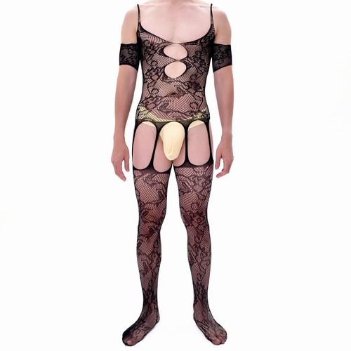 Men Lace Jumpsuit Sexy Corset See-through One-Piece Bodysuit Bra Underwear Sissy - Picture 2 of 10