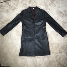 Freemans Vintage Soft Leather Long Black Trench Coat Mac Women Uk Size 10
