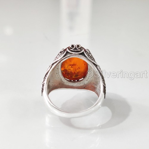 NATURAL BALTIC AMBER GEMSTONE 925 SILVER TURKEY ARABIC DESIGN MENS SIGNET RING - Picture 6 of 7