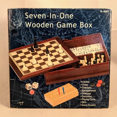 7 in 1 Wood Game Box Chess Checkers Backgammon Cribbage Dominoes Cards Dice New