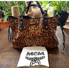 MCM Leopard Print Satchel Top Handle Bag Brow...