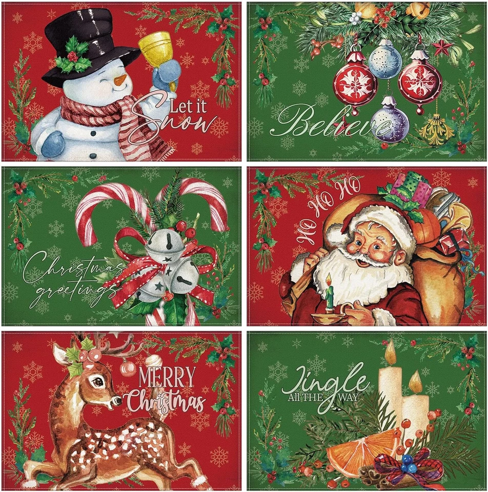 6 Stück Weihnachten Tischsets 12"x18" Abwaschbar Urlaub Tischsets Rot Grün