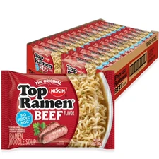 🔴 New Nissin Top Ramen Noodle Soup, Beef, 3 Ounce (Pack of 24)