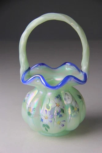 Fenton Hand Painted Lavender Daisies Basket Cobalt Crest Melon Signed by Artist