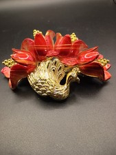 Vtg Hair Clip Large Statement Peacock Red Flowers Gold Tone Plastic 4.5" Taiwan