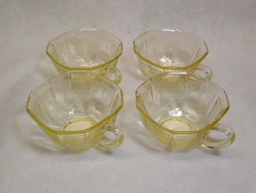 Lot 4 Vintage Hocking Depression Glass Yellow Topaz "Princess" Tea Cups, Glows