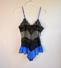 Vintage Women  s Sheer Black Lace Teddy Bodysuit w/ Blue Ruffle Accent Medium