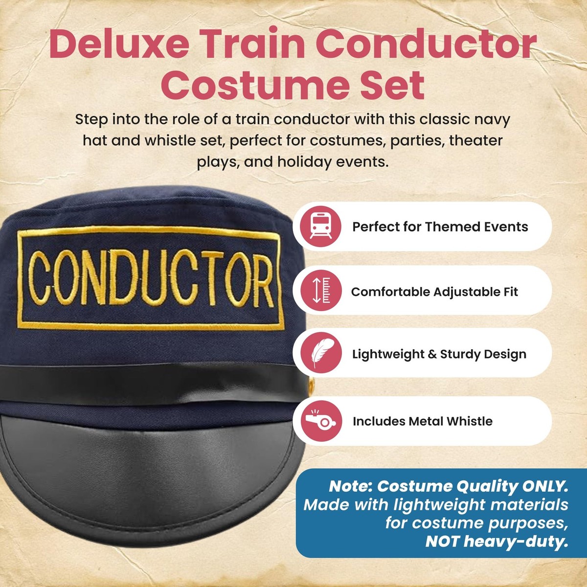 Adult Polar Navy Express Train Conductor Hat Whistle Set Costume