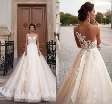 Stunning Sheer Neck Wedding Dress Illusion Back Appliques Lace Train Bridal Gown