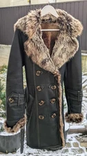 Sheepskin belted double-breasted Toscana shearling coat fur trim collar Sz S-XS