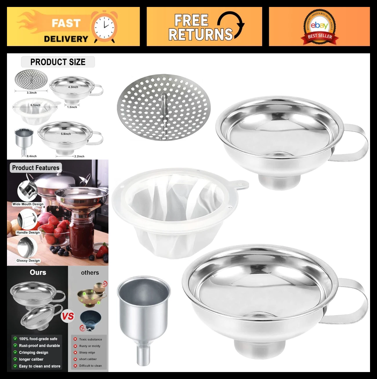 Stainless Steel Canning Funnel Set for Mason Jars - Wide Mouth & Strainer, 2pcs