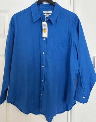 M&S Women's Pure Linen Bright Blue Oversizes Shirt Size 16