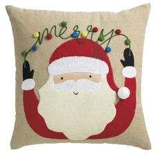 Mud Pie Christmas Felt Appliqu√© Santa Pillow, 20" x 20", Beige/Khaki