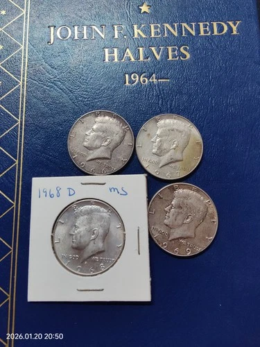 Lot of (4) 40% SI Silver Kennedy Half Dollars circulated 1966 1967 1969, MS 1968