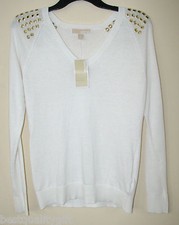 NEW-MICHAEL KORS ECRU,WHITE V-NECK WOMEN'S SWEATER+GOLD TONE GROMMET MSRP $120 